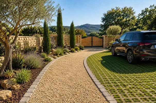 Article : repenser son allée avant l'automne Allée en gravier stabilisé et stationnement en alvéoles engazonnées devant un portail